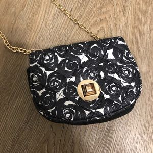 Black and White Floral Purse with Gold Details